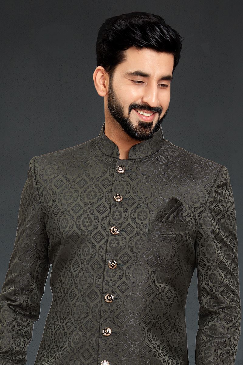 Charming Mehendi Green Colored Designer Nawabi Indo Western