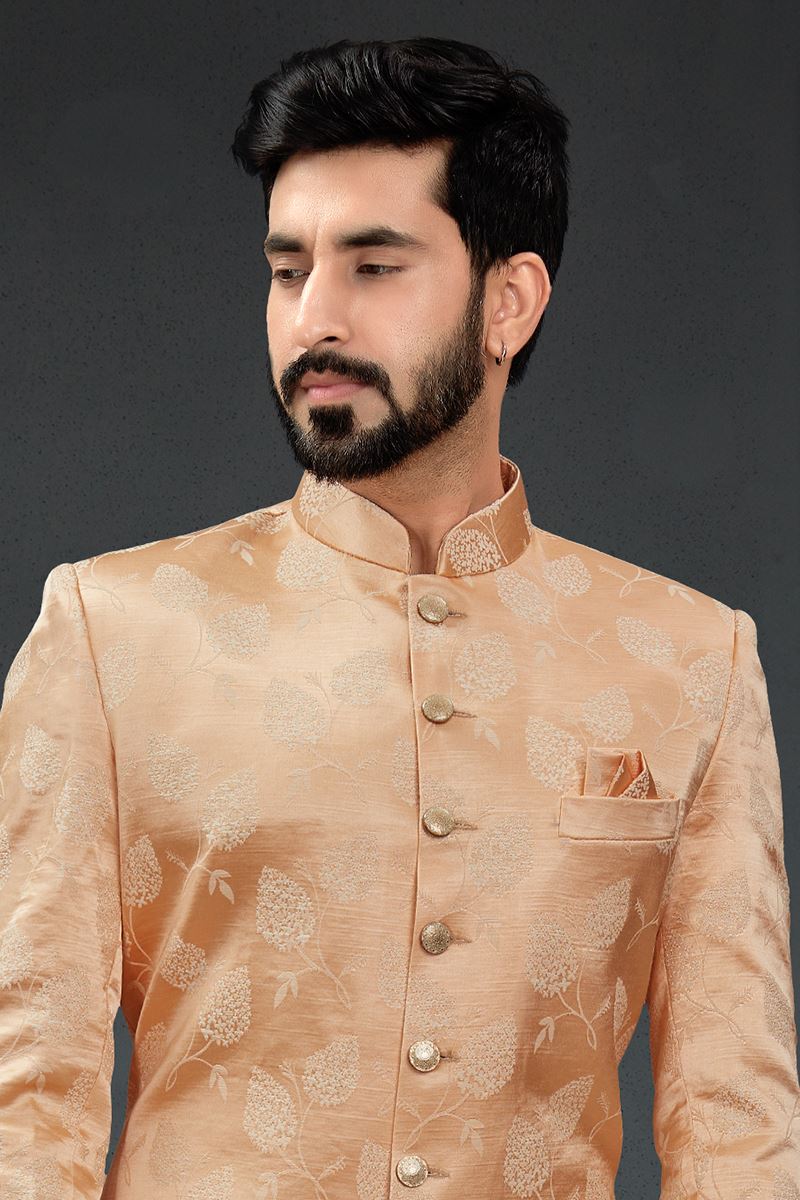 Breathtaking Peach Colored Designer Nawabi Indo Western