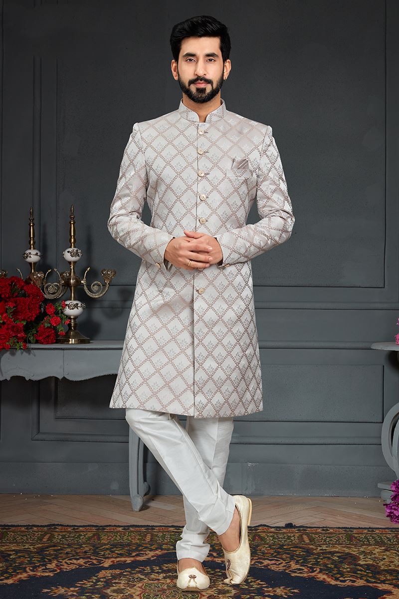 Mesmerizing Silver and Brown Colored Designer Nawabi Indo Western