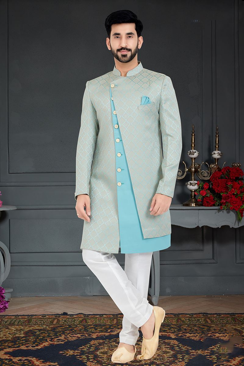 Marvelous Aqua Blue and Grey Colored Designer Italian Indo Western