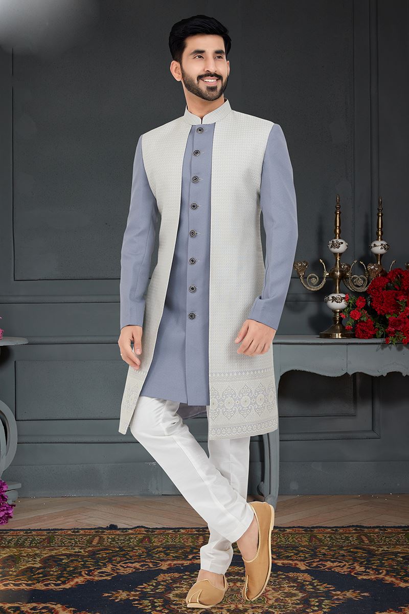 Magnificent Powder Blue and Off-White Colored Designer Italian Indo Western