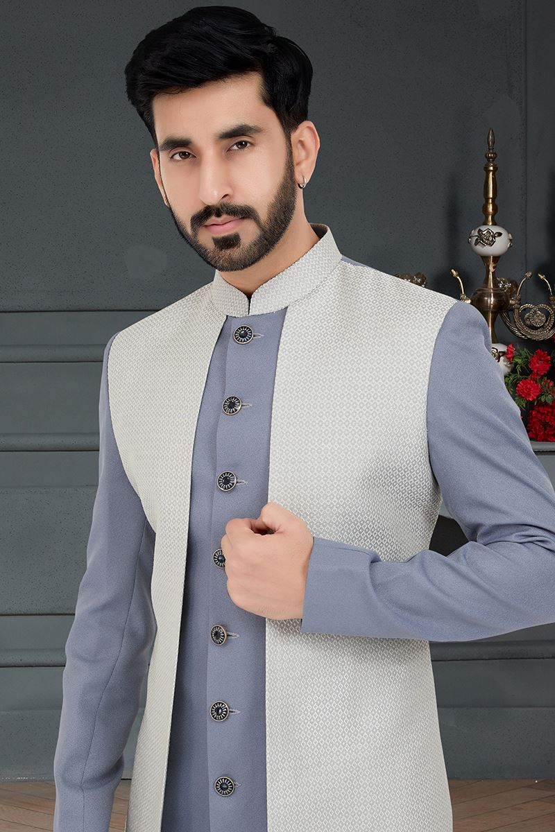 Magnificent Powder Blue and Off-White Colored Designer Italian Indo Western