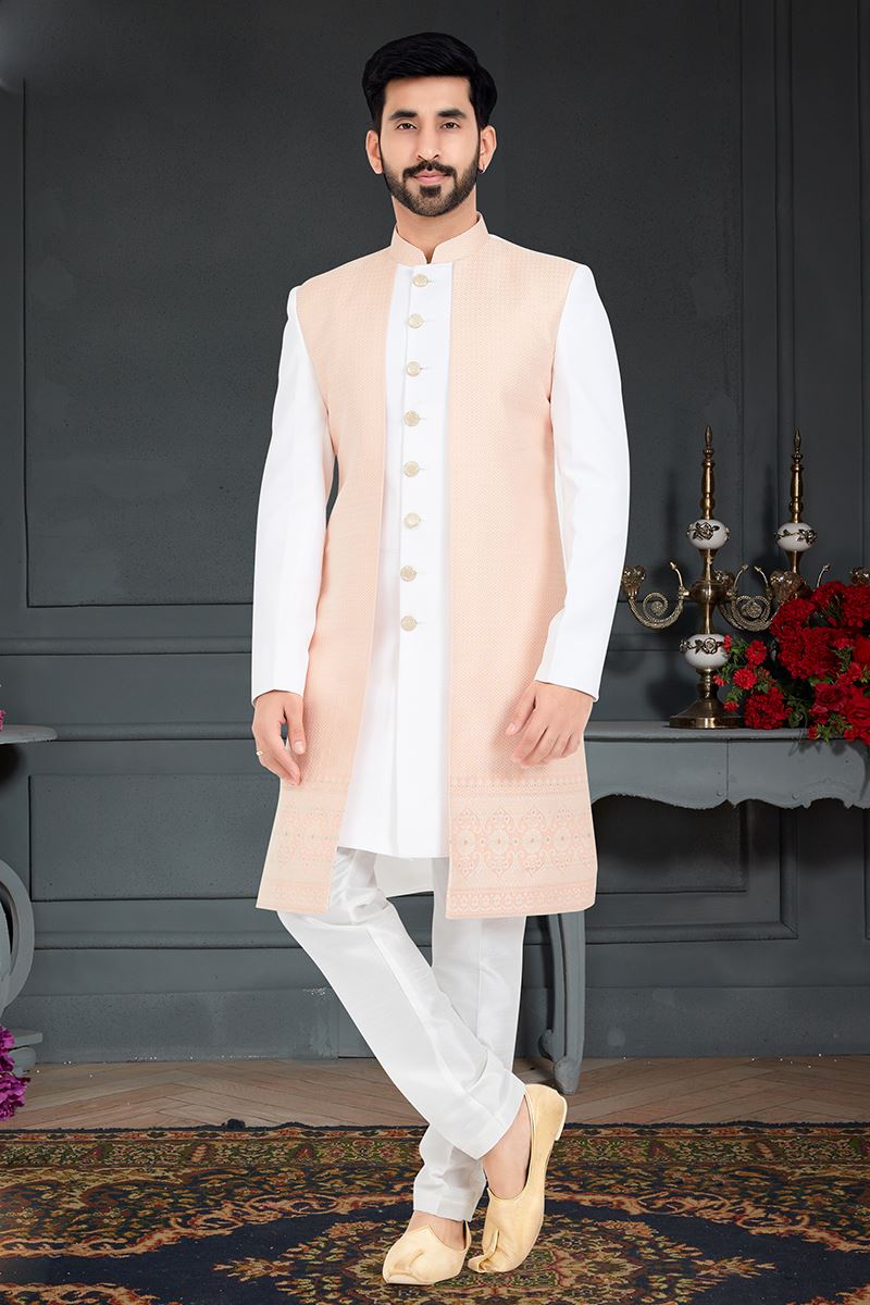 Vibrant Light Peach and White Colored Designer Italian Indo Western