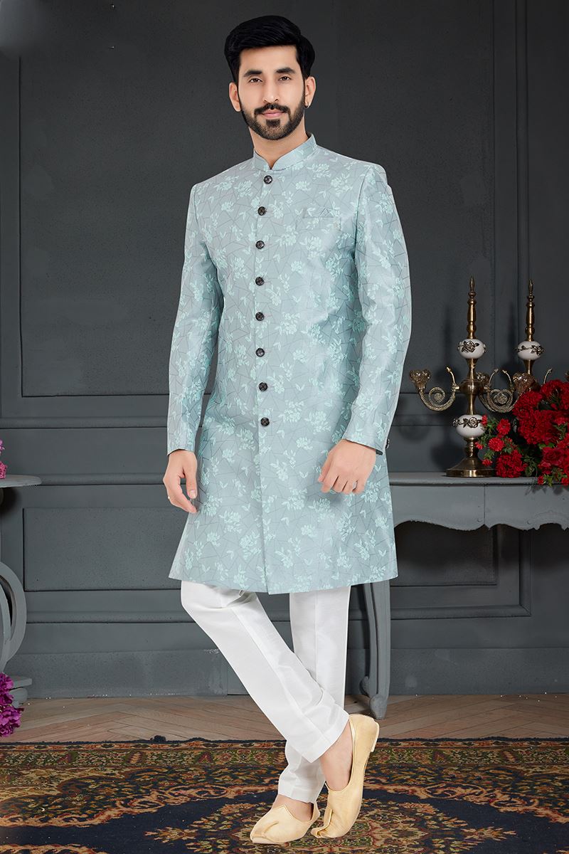 Appealing Steel Blue Colored Designer Nawabi Indo Western