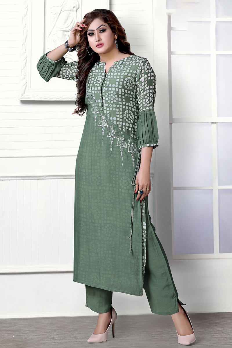 Outstanding Olive Green Colored Designer Kurti Set