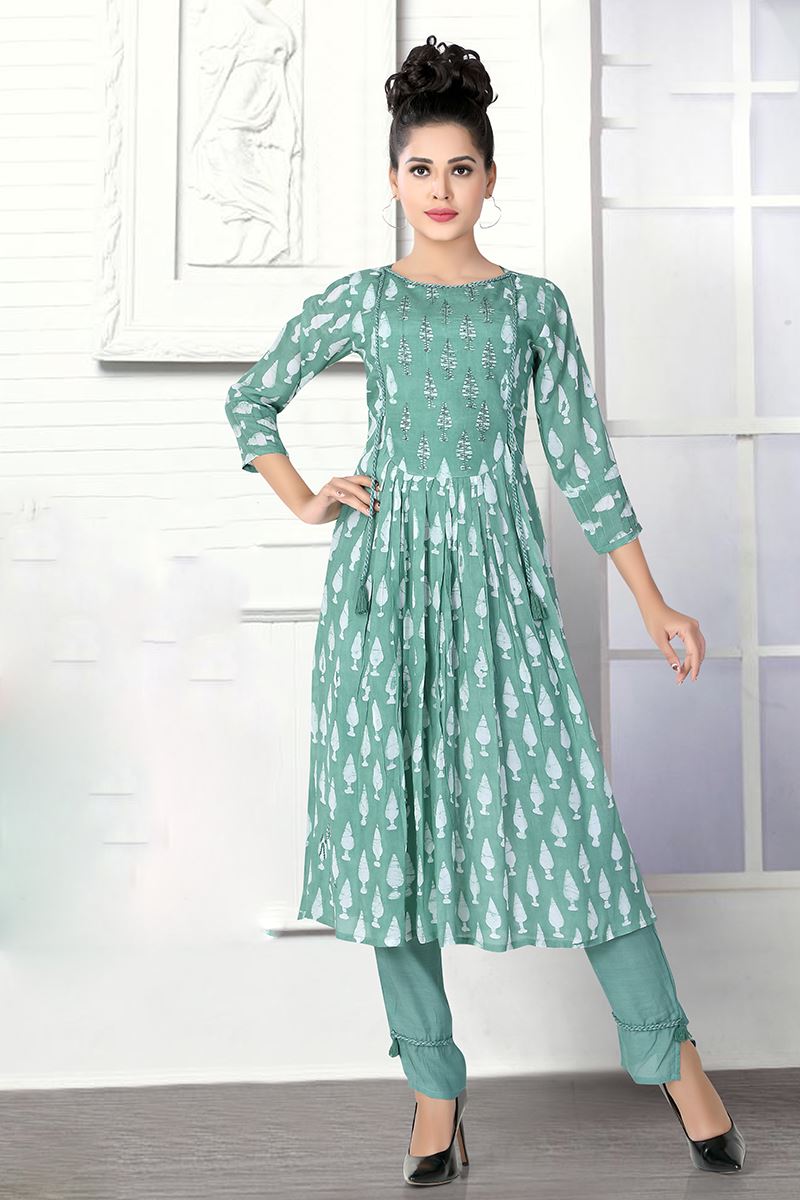 Mesmerizing Mint Green Colored Designer Kurti with Pant