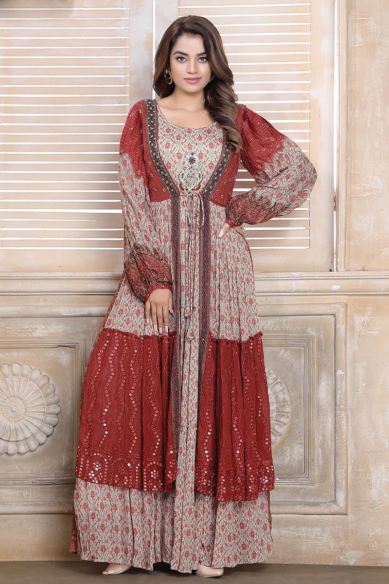 Trendy Red and Pista Green Colored Designer Kurti with Jacket