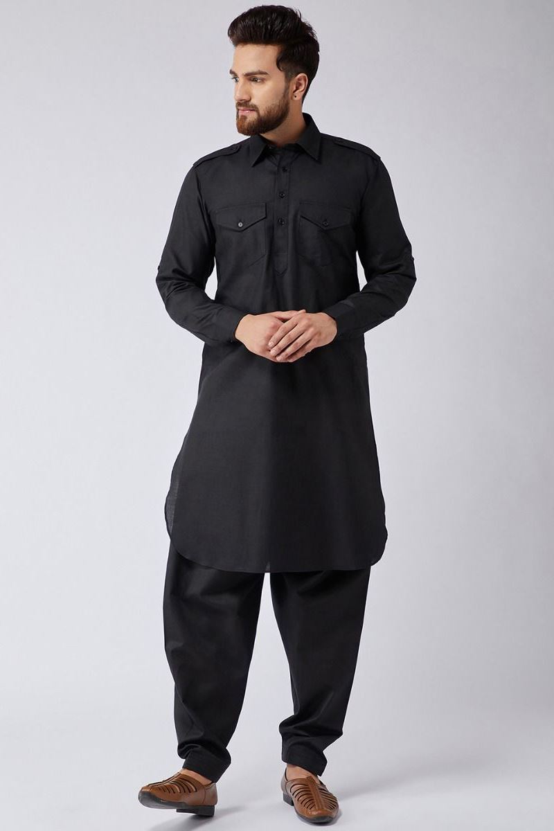 Royal Black Colored Designer Pathani Set