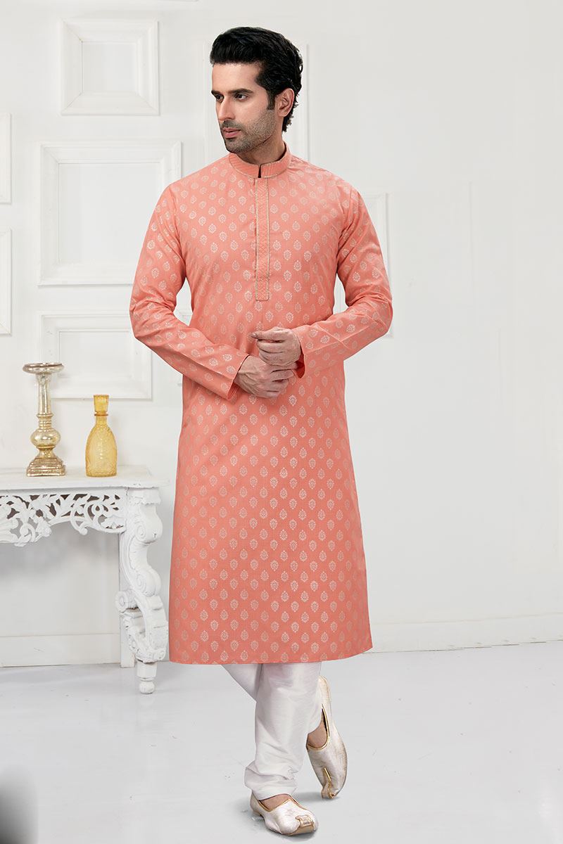 Classy Light Peach Colored Designer Kurta Payjama Set