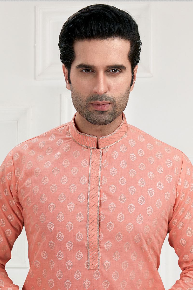 Classy Light Peach Colored Designer Kurta Payjama Set