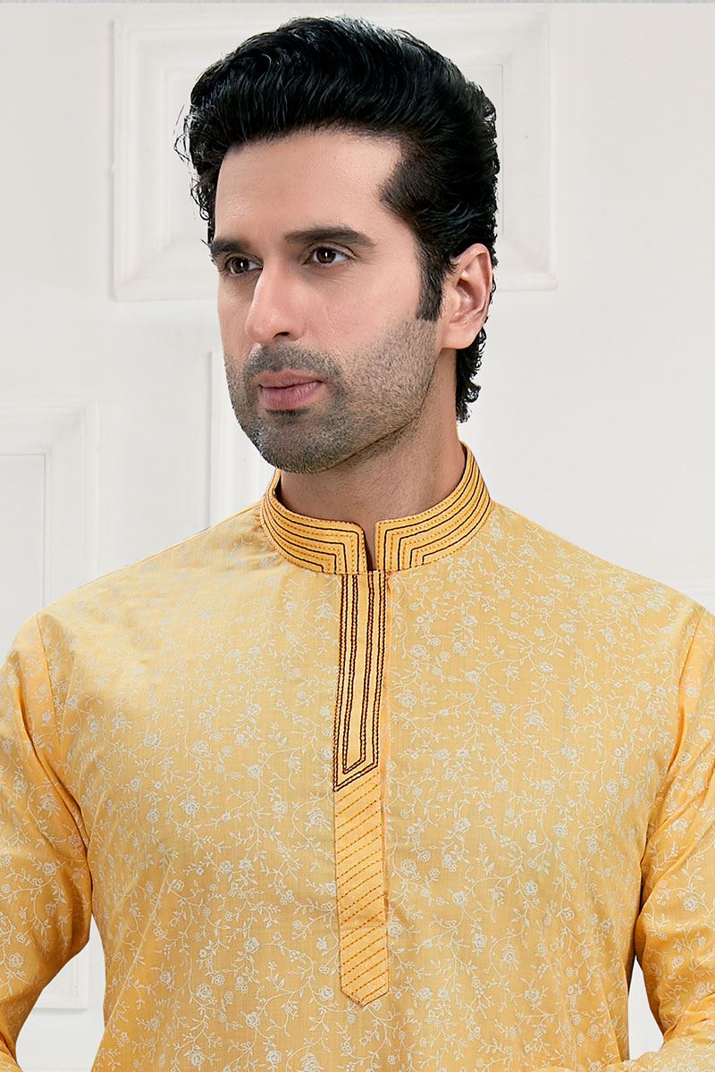 Dashing Yellow Colored Designer Kurta Payjama Set