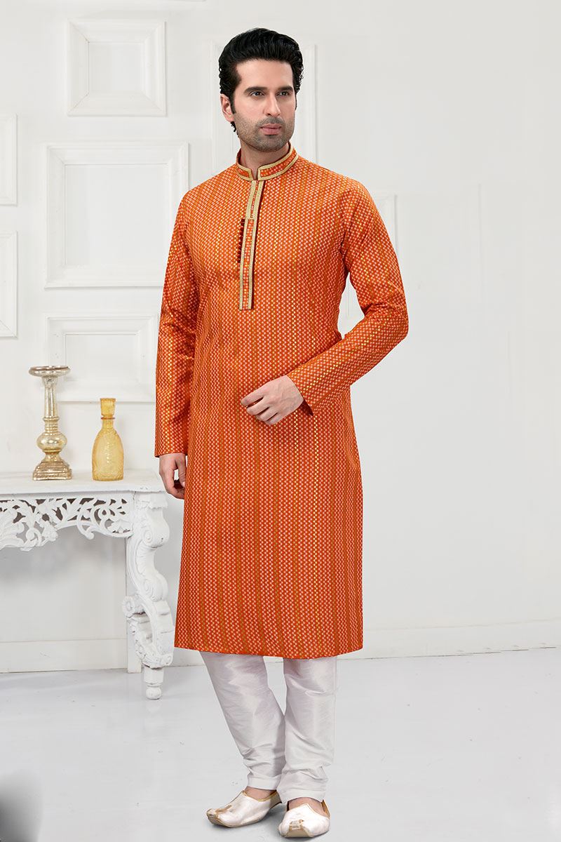 Elegant Orange and Multi-Colored Designer Kurta Payjama Set