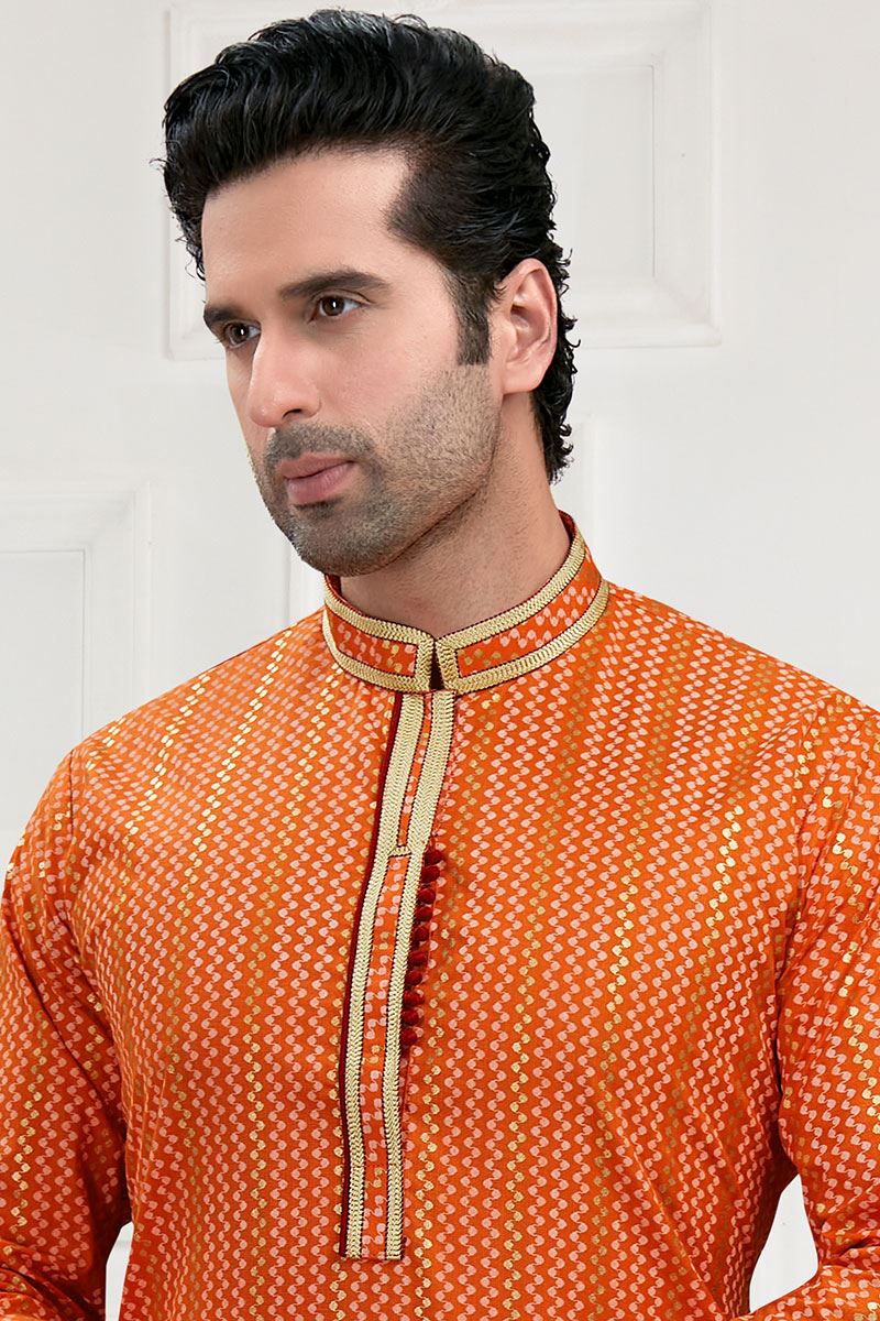 Elegant Orange and Multi-Colored Designer Kurta Payjama Set