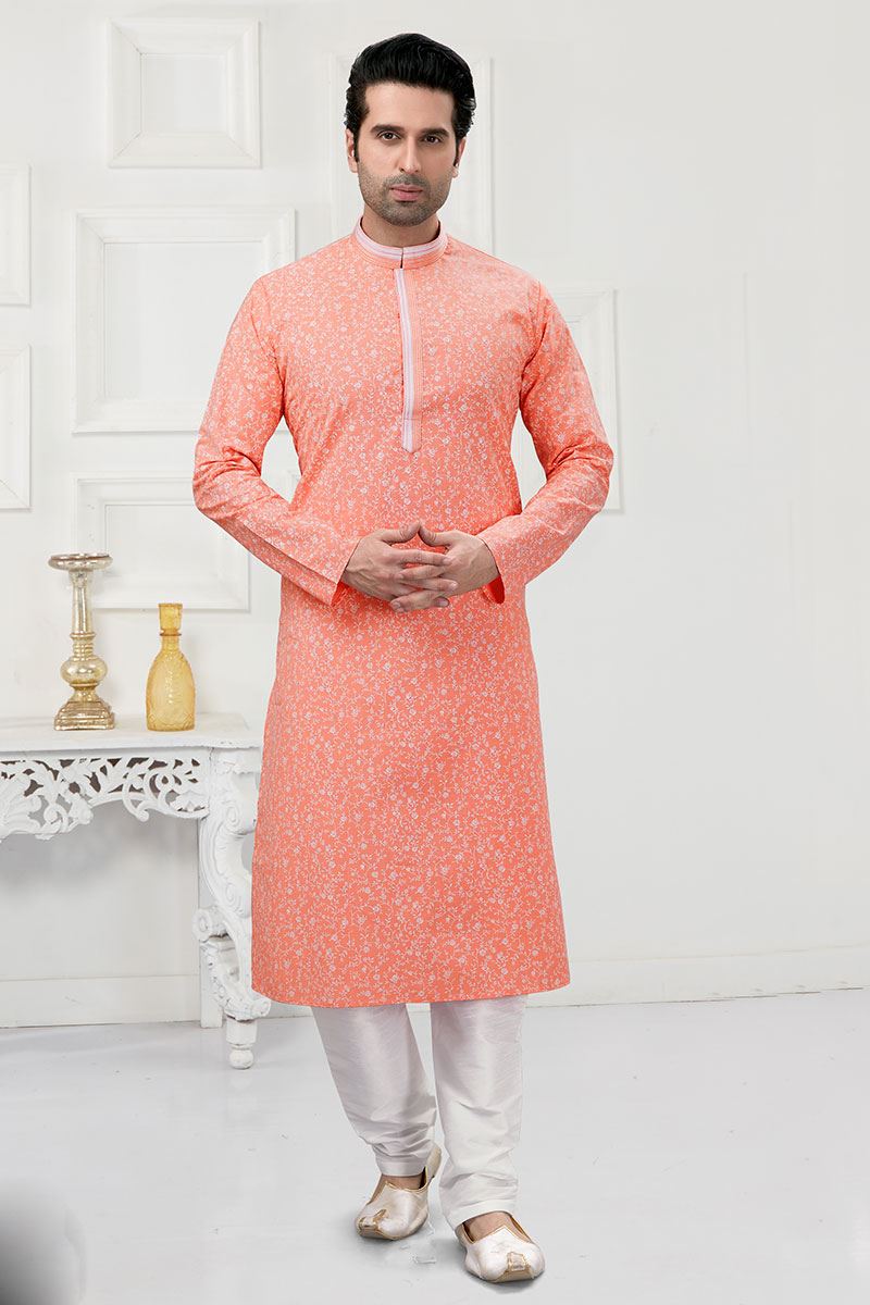 Fashionable Light Peach Colored Designer Kurta Payjama Set
