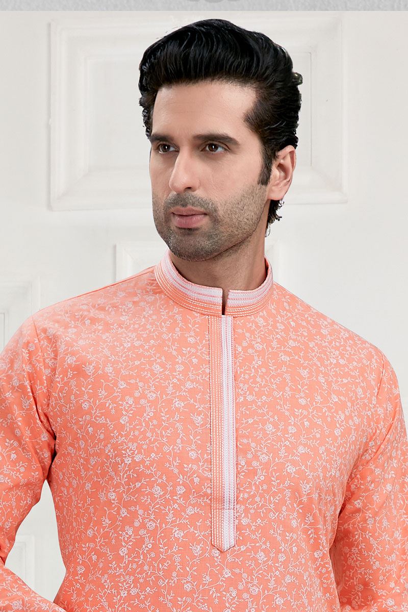 Fashionable Light Peach Colored Designer Kurta Payjama Set