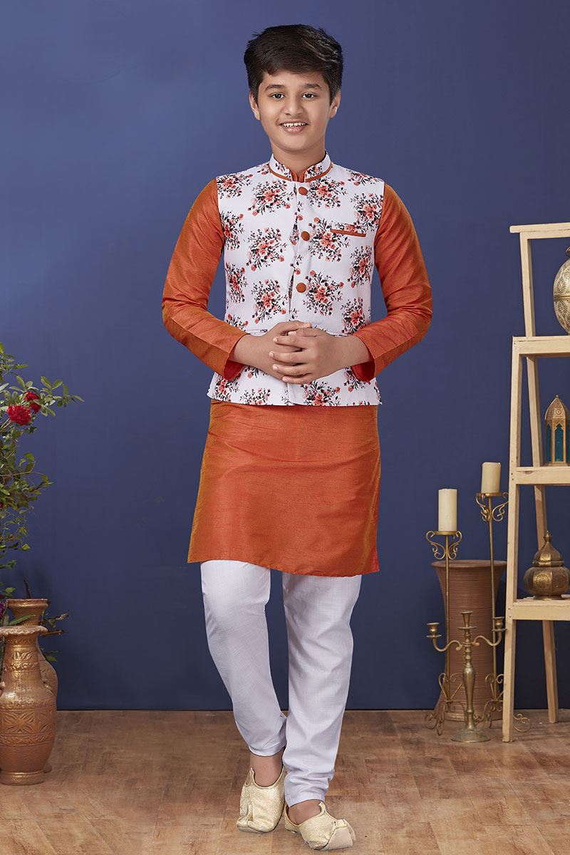 Majestic Orange Colored Designer Kurta, Pajama with Jacket