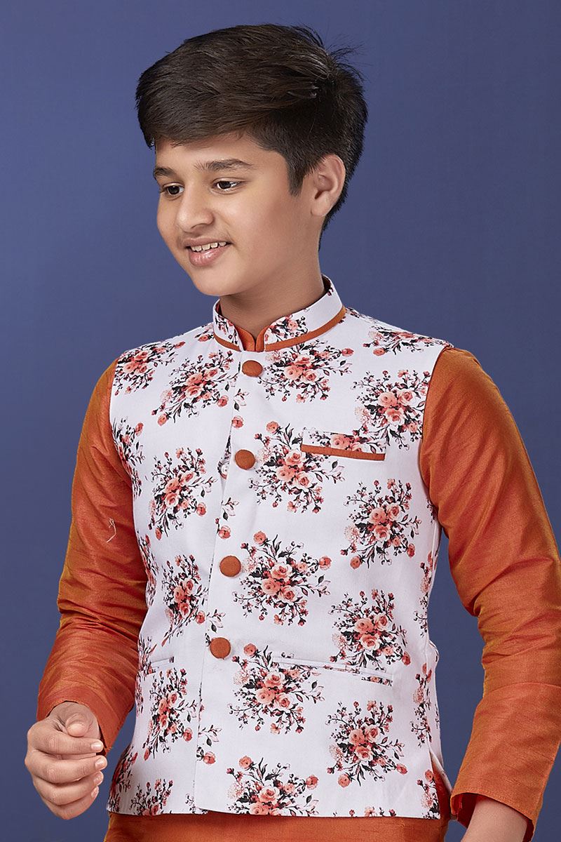 Majestic Orange Colored Designer Kurta, Pajama with Jacket