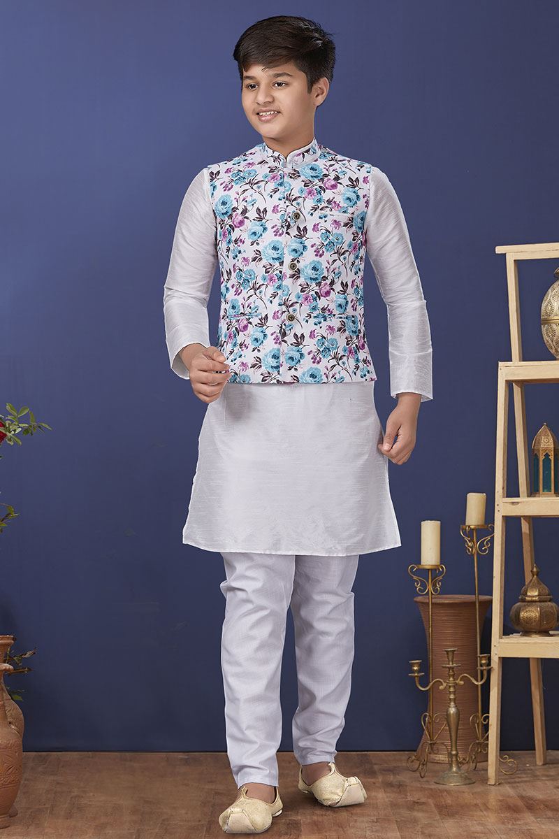 Exuberant White Colored Designer Kurta, Pajama with Jacket