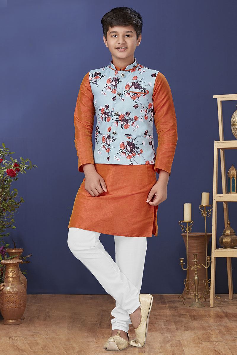 Exquisite Orange Colored Designer Kurta, Pajama with Jacket