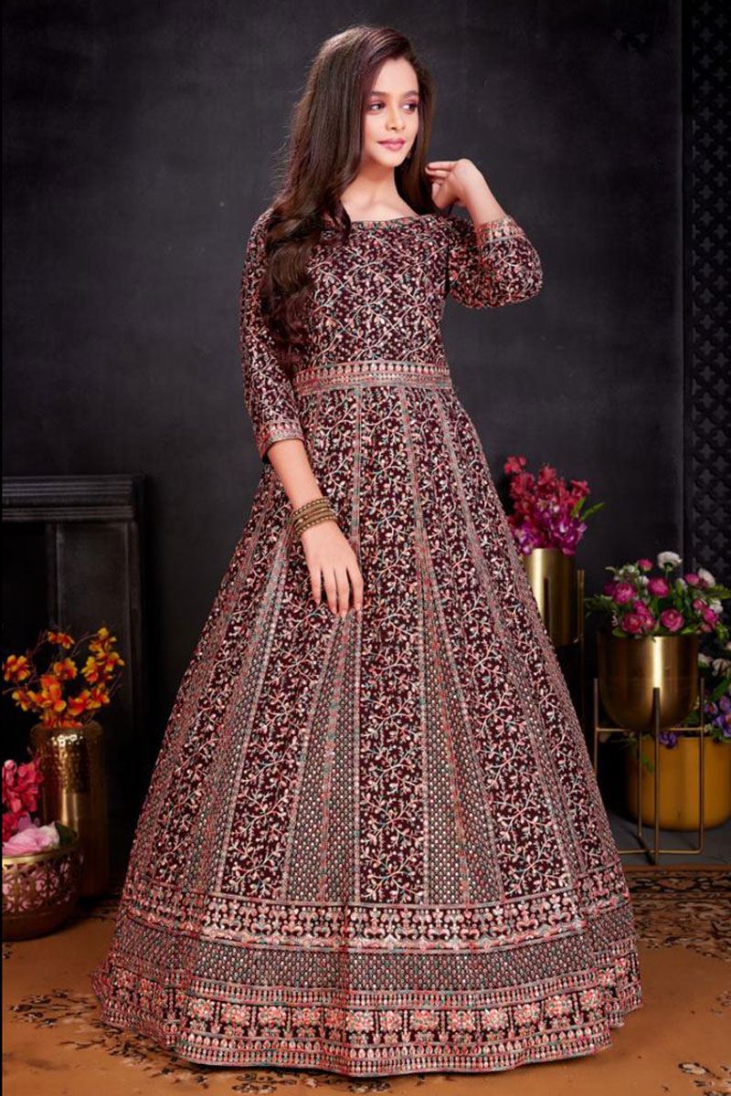 Attractive Wine Colored Designer Kids Gown