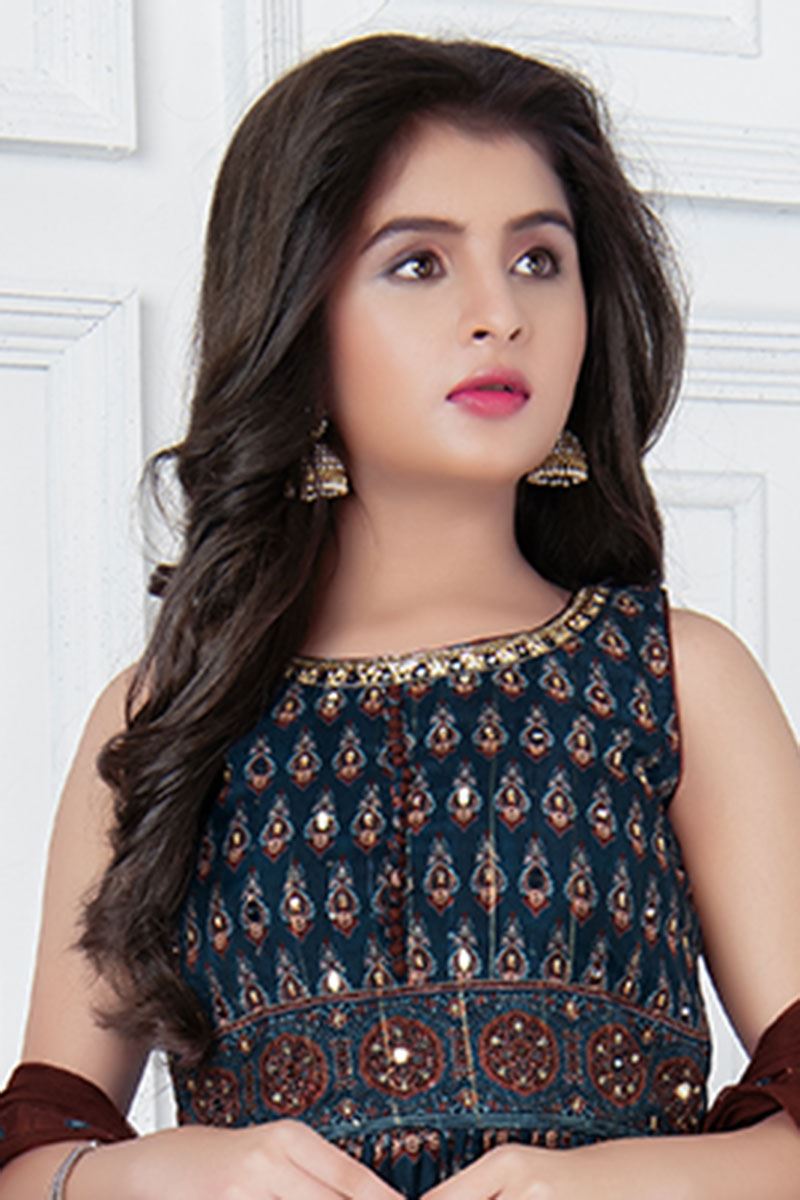 Aesthetic Peacock Green and Maroon Colored Designer Kids Churidar Suits