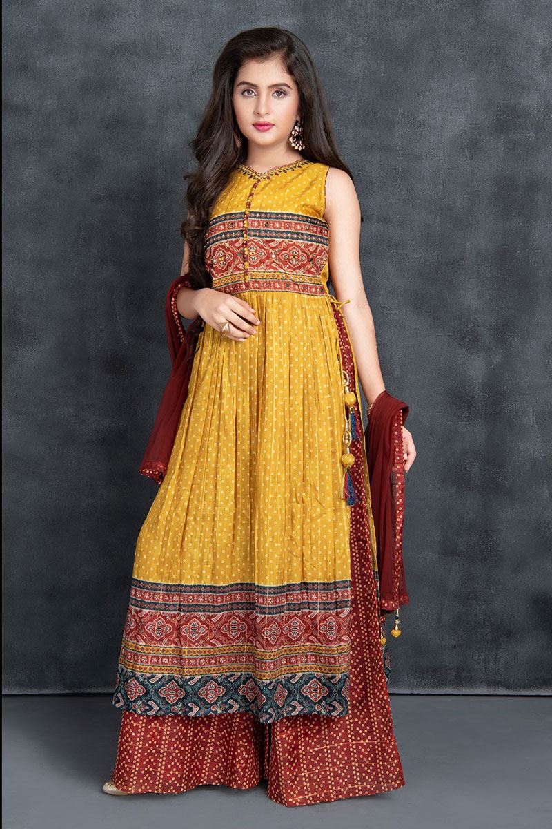 Enticing Mustard and Red Colored Designer Kids Churidar Suits