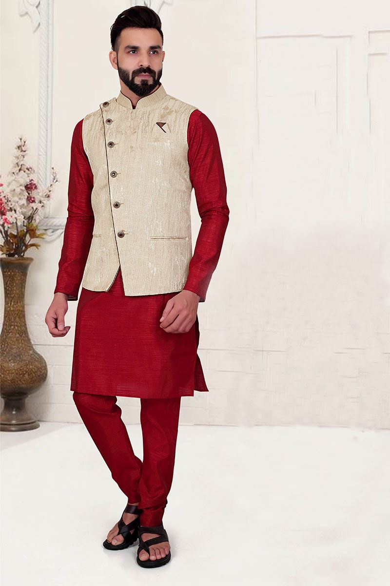 Captivating Maroon Colored Designer Kurta Pajama with Jacket