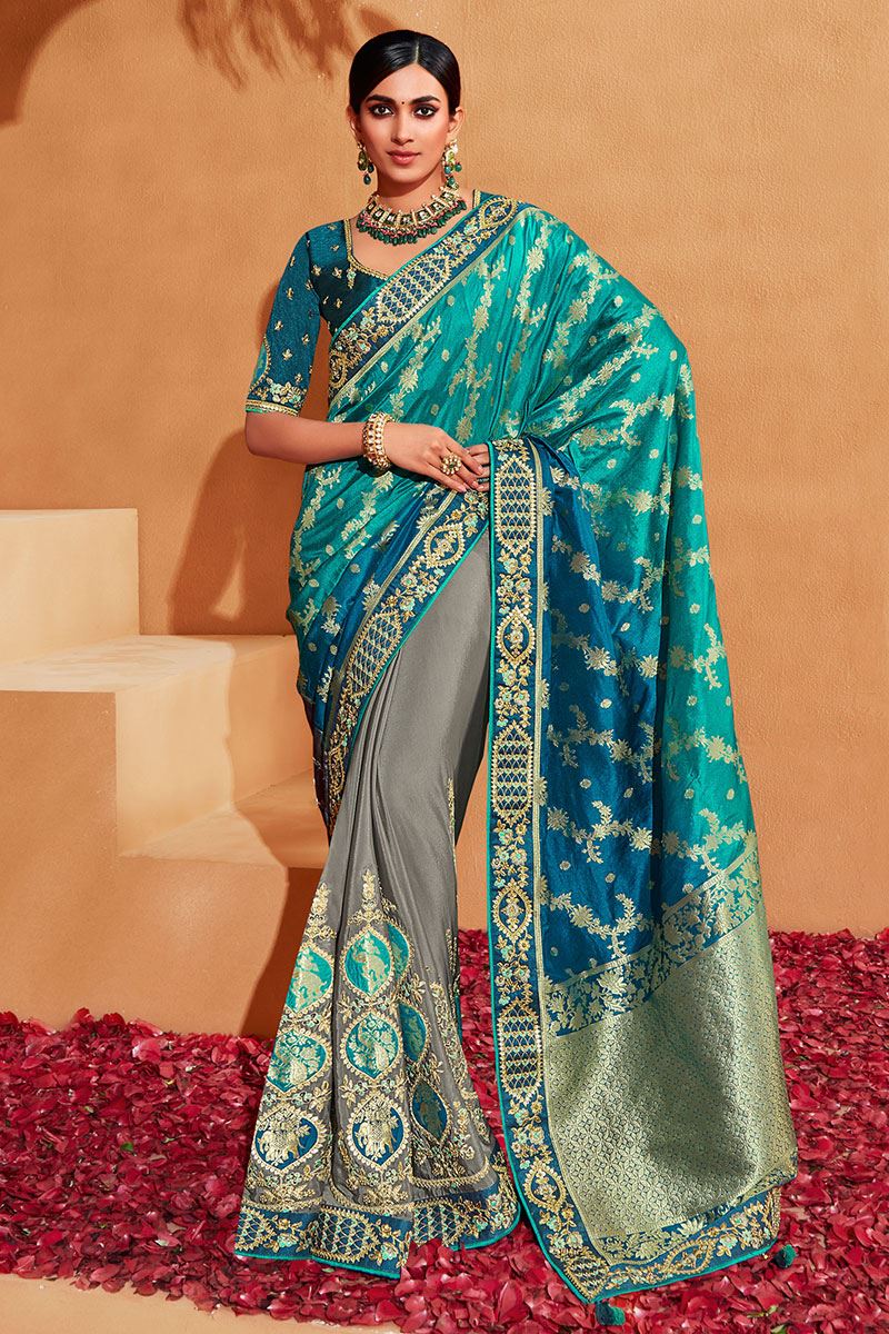 Glorious Rama and Grey Colored Designer Saree