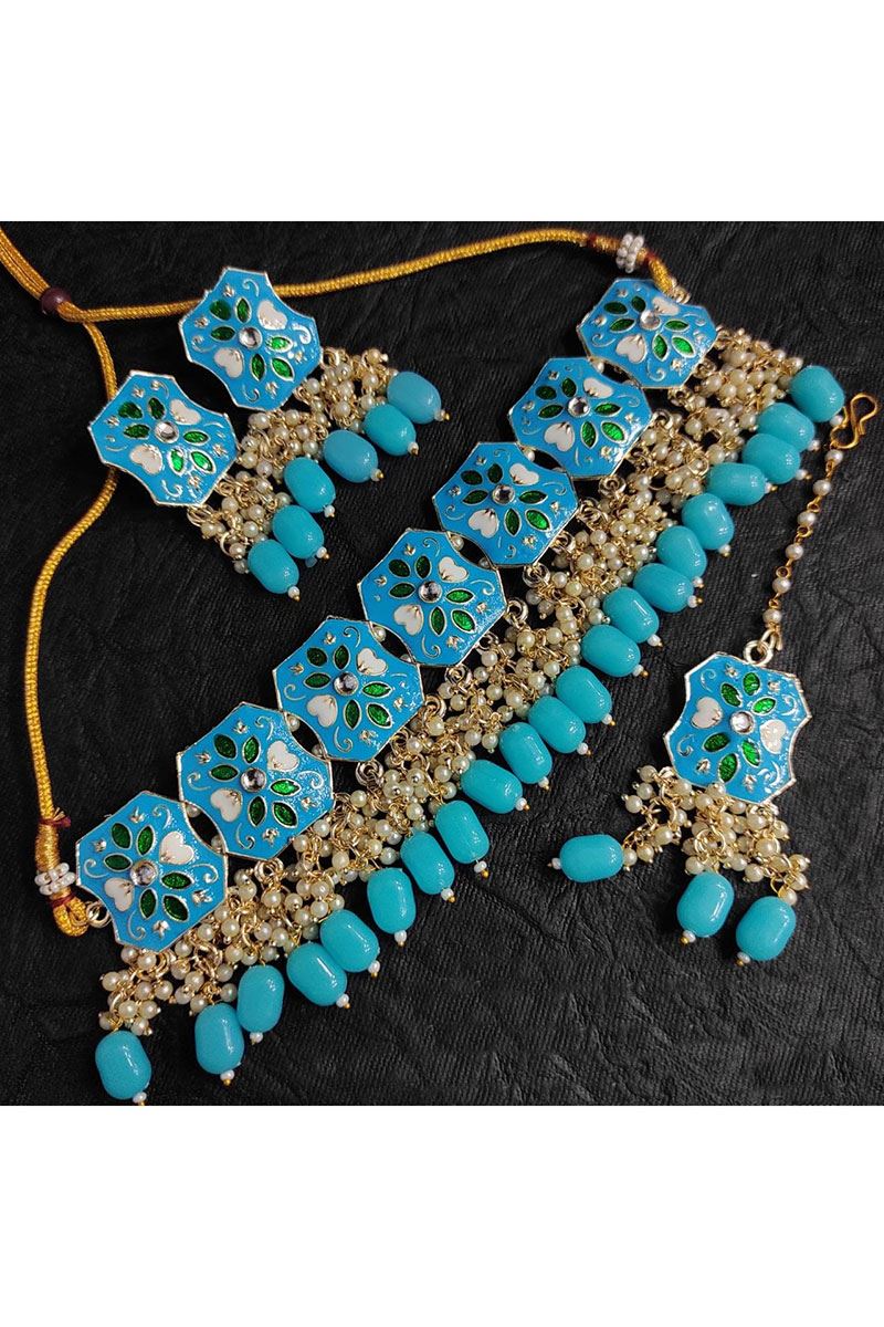 Marvelous Sky Blue Colored Designer Meenakari Choker Set