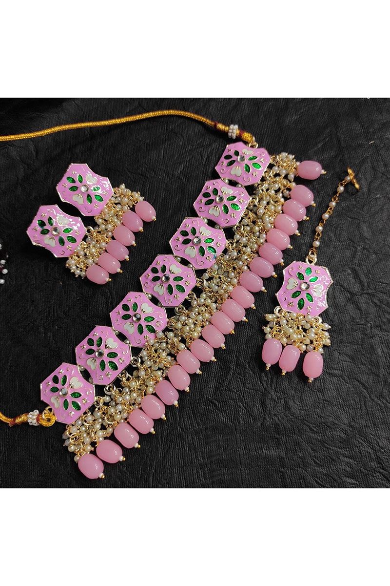 AttractiveLight Pink Colored Designer Meenakari Choker Set