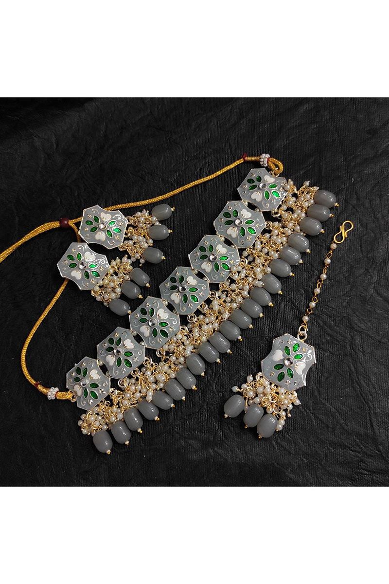 EnticingGrey Colored Designer Meenakari Choker Set