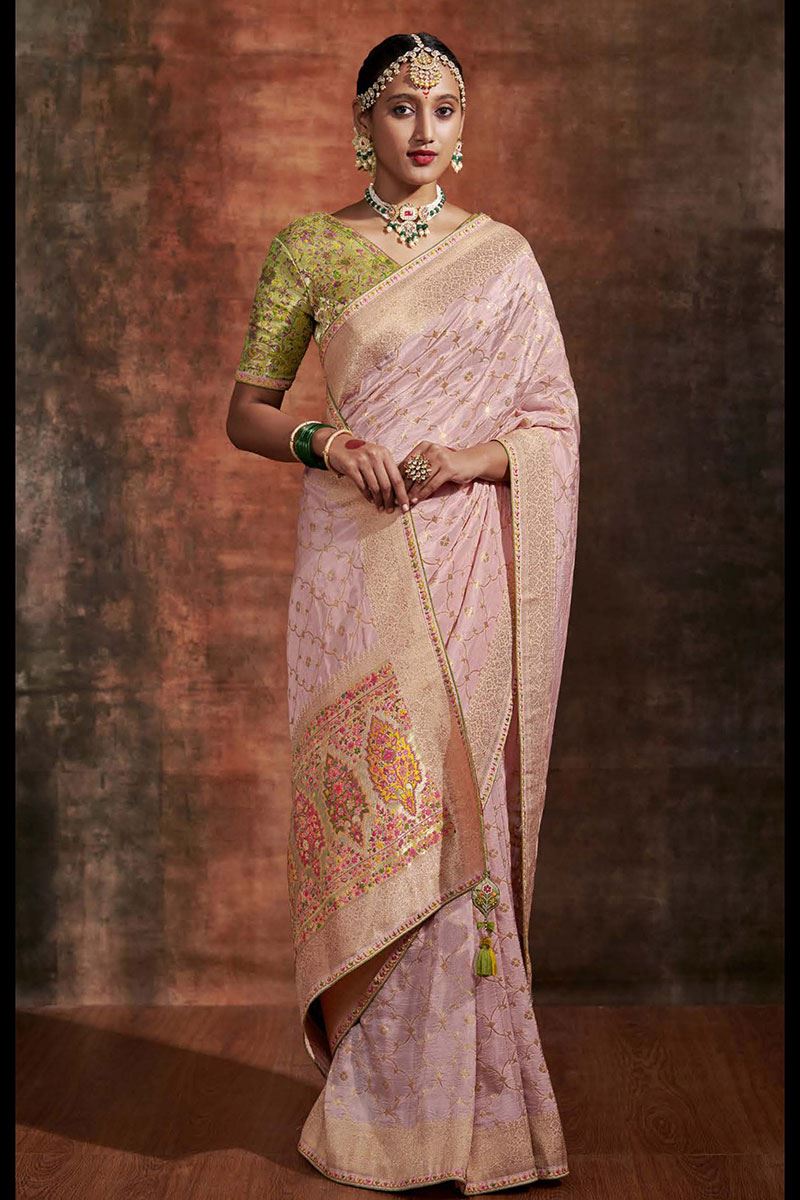 Irresistible Peach and Parrot Green Colored Designer Saree