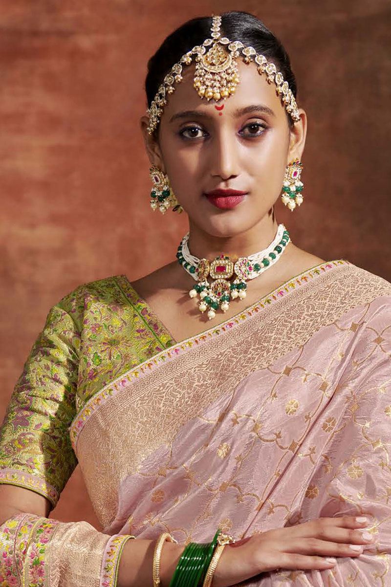 Irresistible Peach and Parrot Green Colored Designer Saree