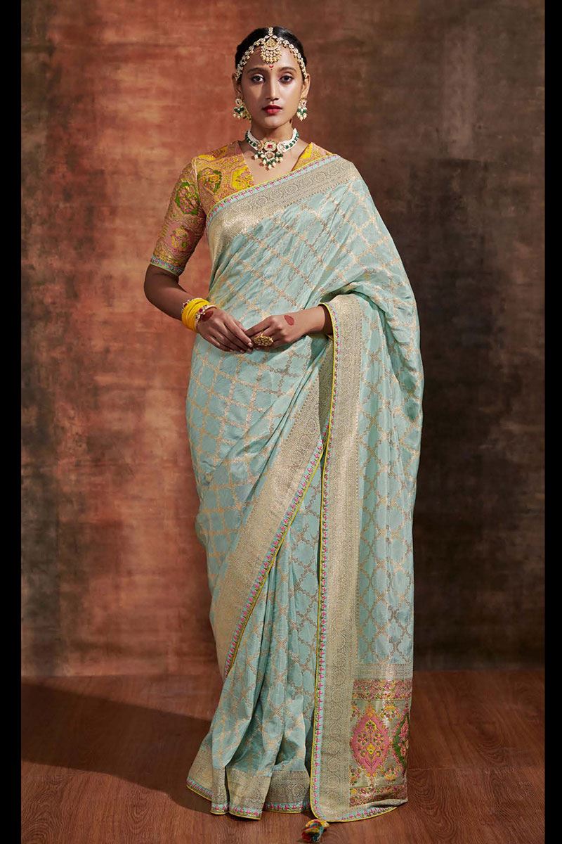 Exuberant Sky Blue and Yellow Colored Designer Saree