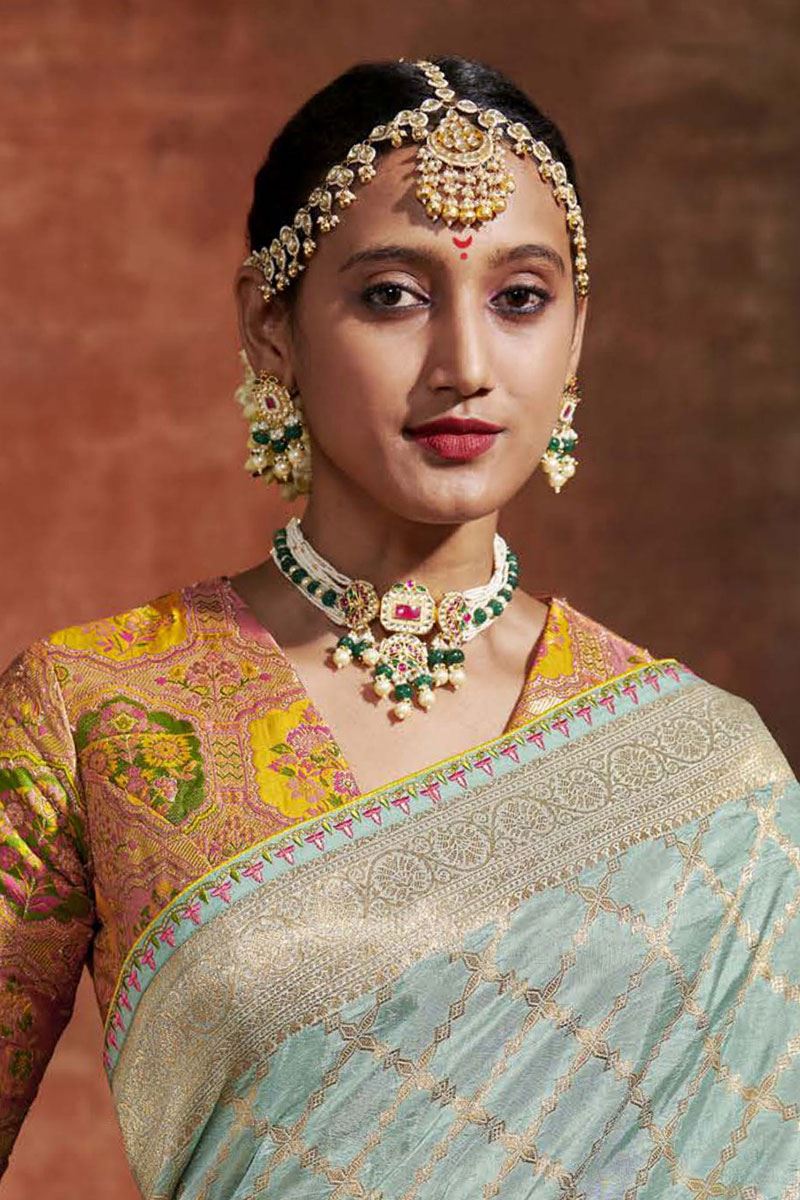 Exuberant Sky Blue and Yellow Colored Designer Saree