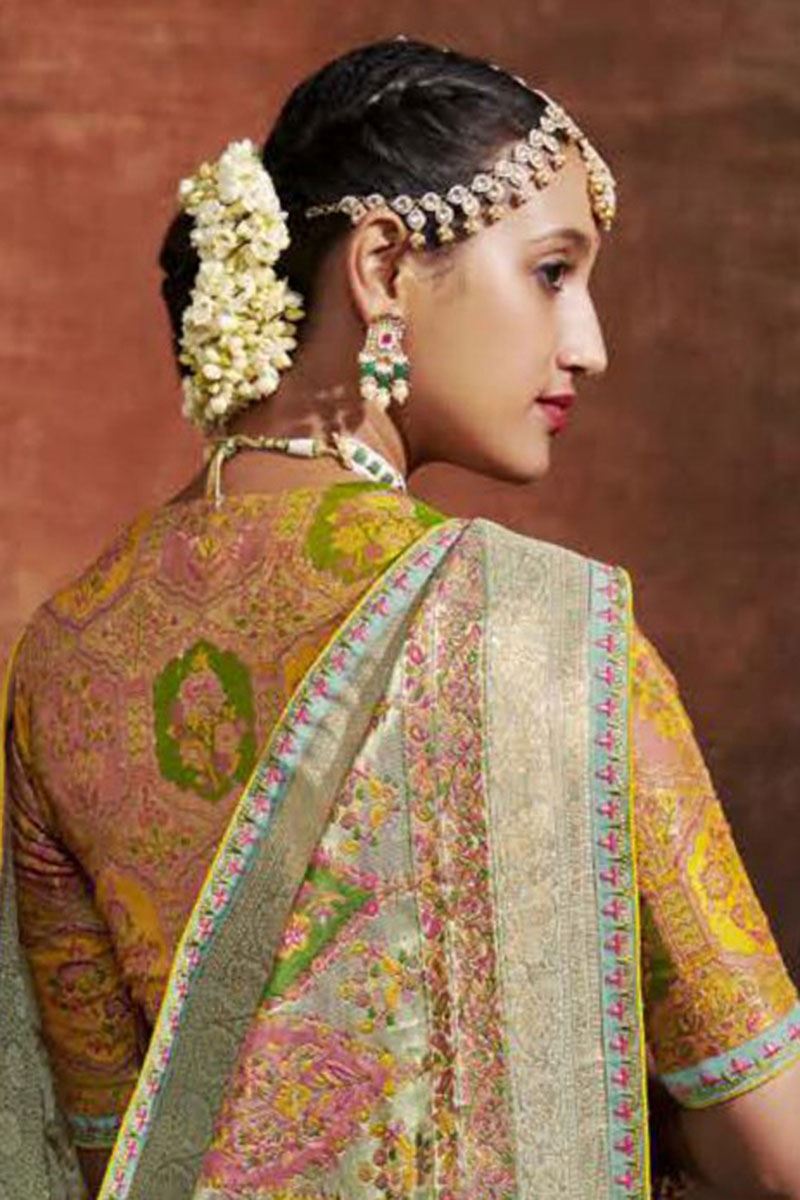 Exuberant Sky Blue and Yellow Colored Designer Saree