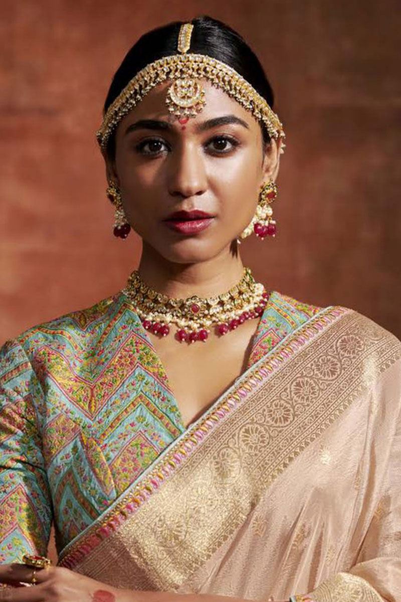 Charming Peach and Sky Blue Colored Designer Saree