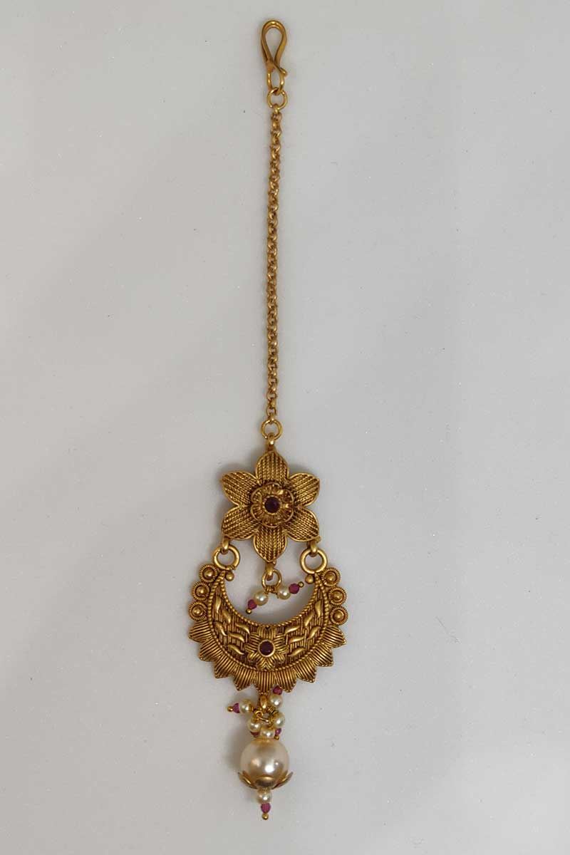 Incredible Gold Plated Traditional Maang Tikka With Pink Stones