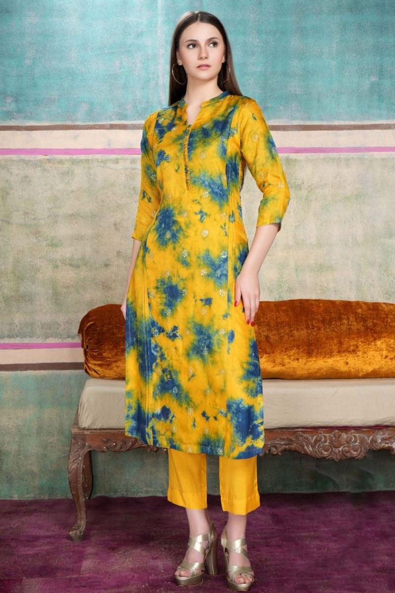 Dazzling Yellow with Blue patch Colored Designer Kurti
