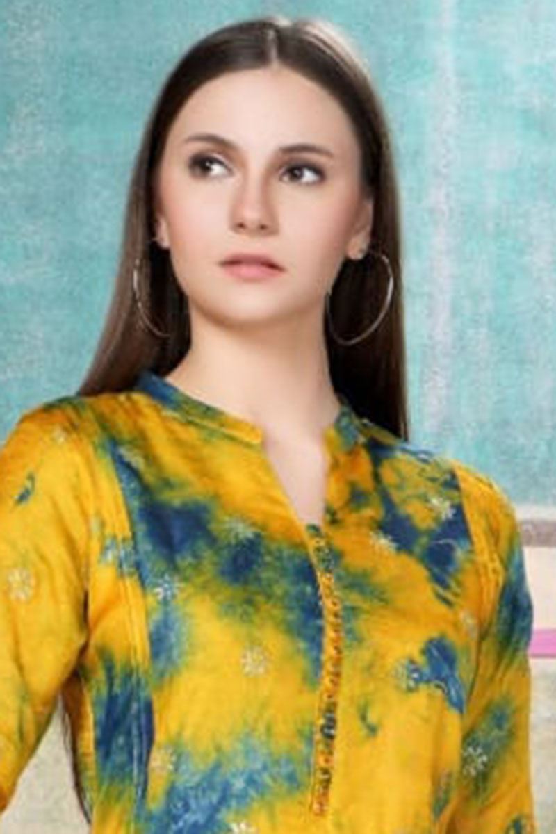 Dazzling Yellow with Blue patch Colored Designer Kurti