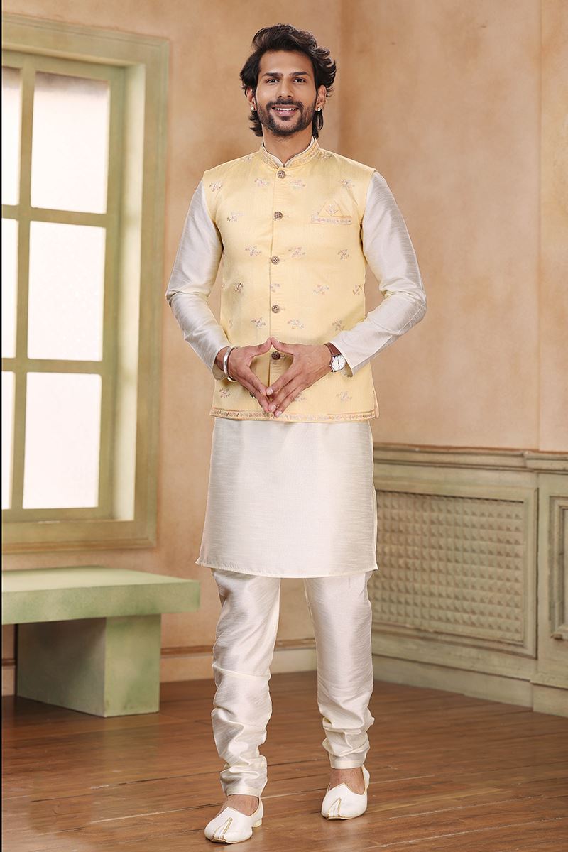 Attractive Cream Colored Designer Kurta Payjama with Jacket
