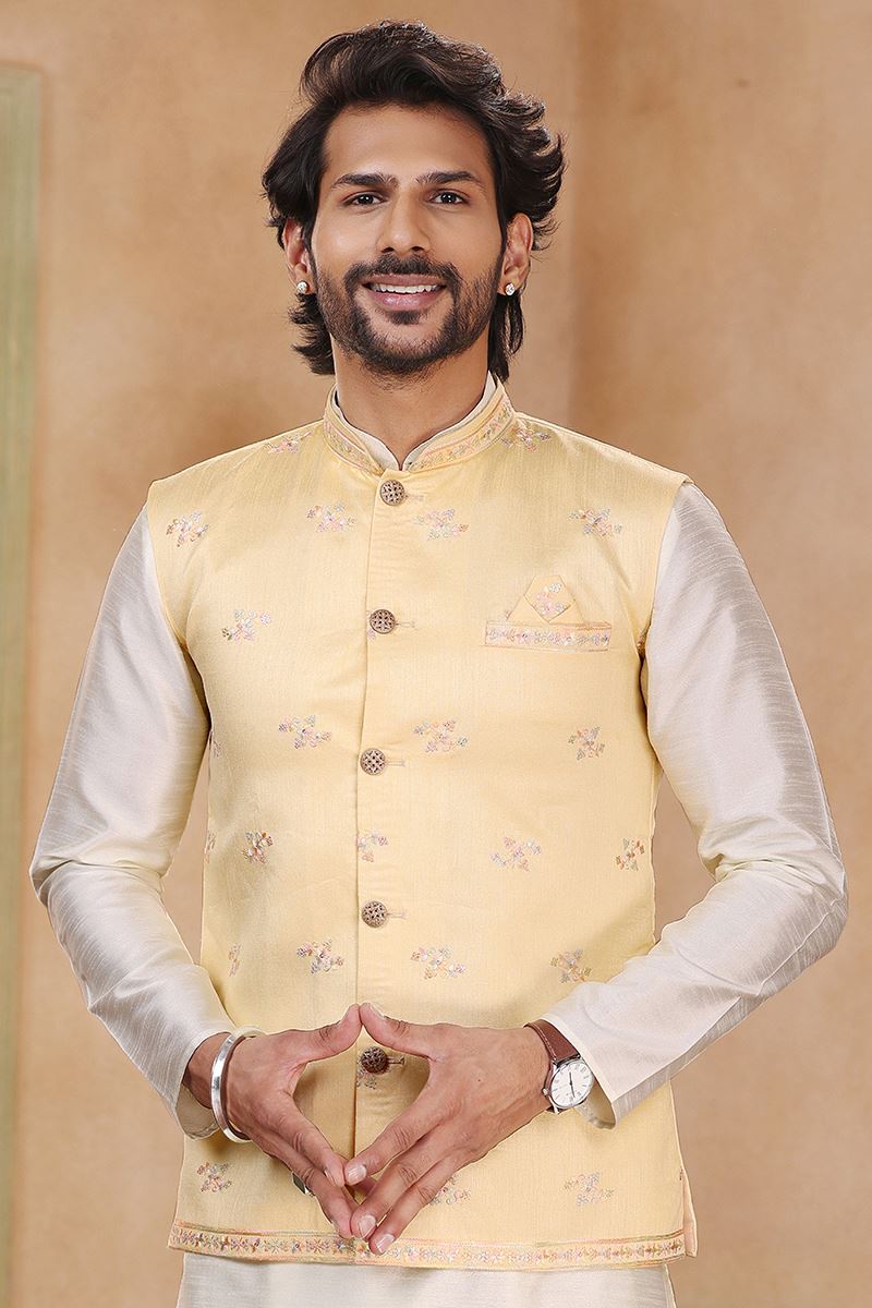 Attractive Cream Colored Designer Kurta Payjama with Jacket