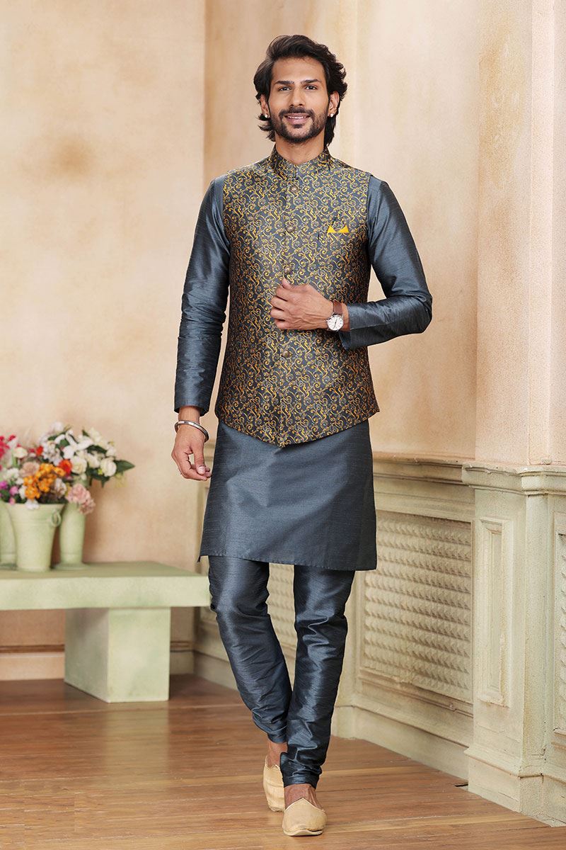 Artistic Dark Grey Colored Designer Kurta Payjama with Jacket
