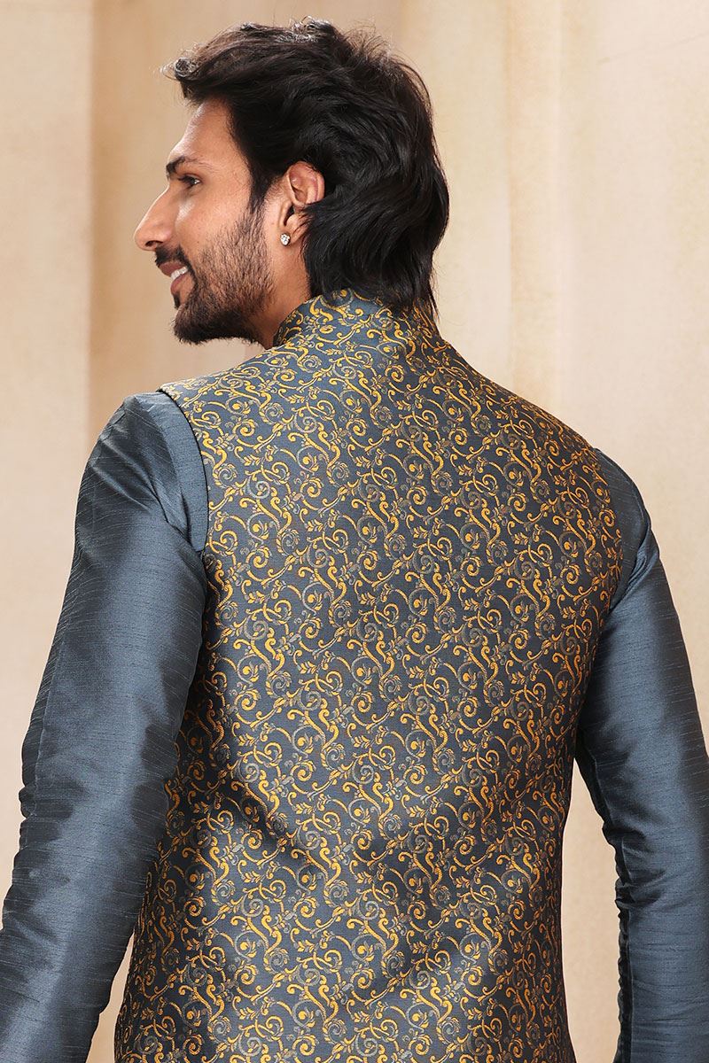 Artistic Dark Grey Colored Designer Kurta Payjama with Jacket