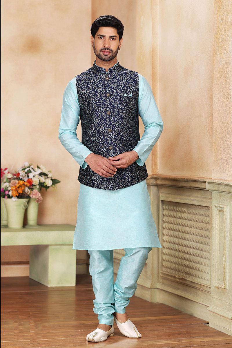 Enticing Sky Blue Colored Designer Kurta Payjama with Jacket