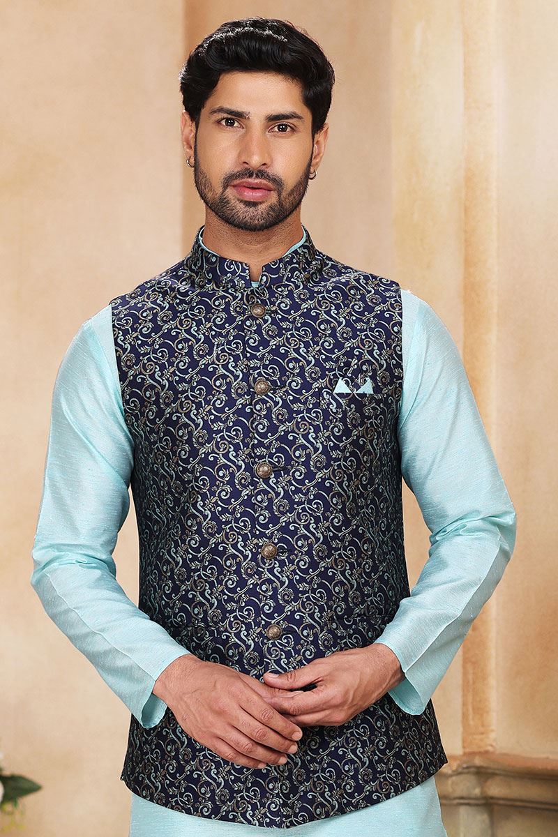 Enticing Sky Blue Colored Designer Kurta Payjama with Jacket