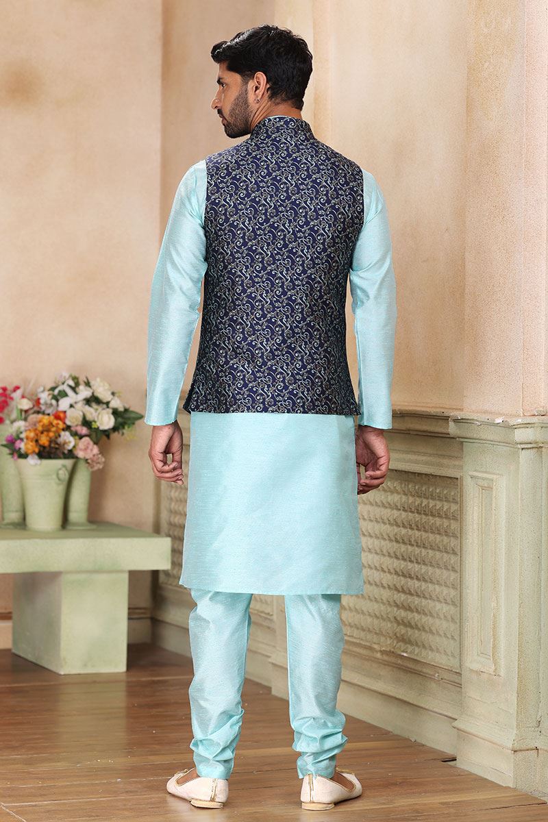 Enticing Sky Blue Colored Designer Kurta Payjama with Jacket
