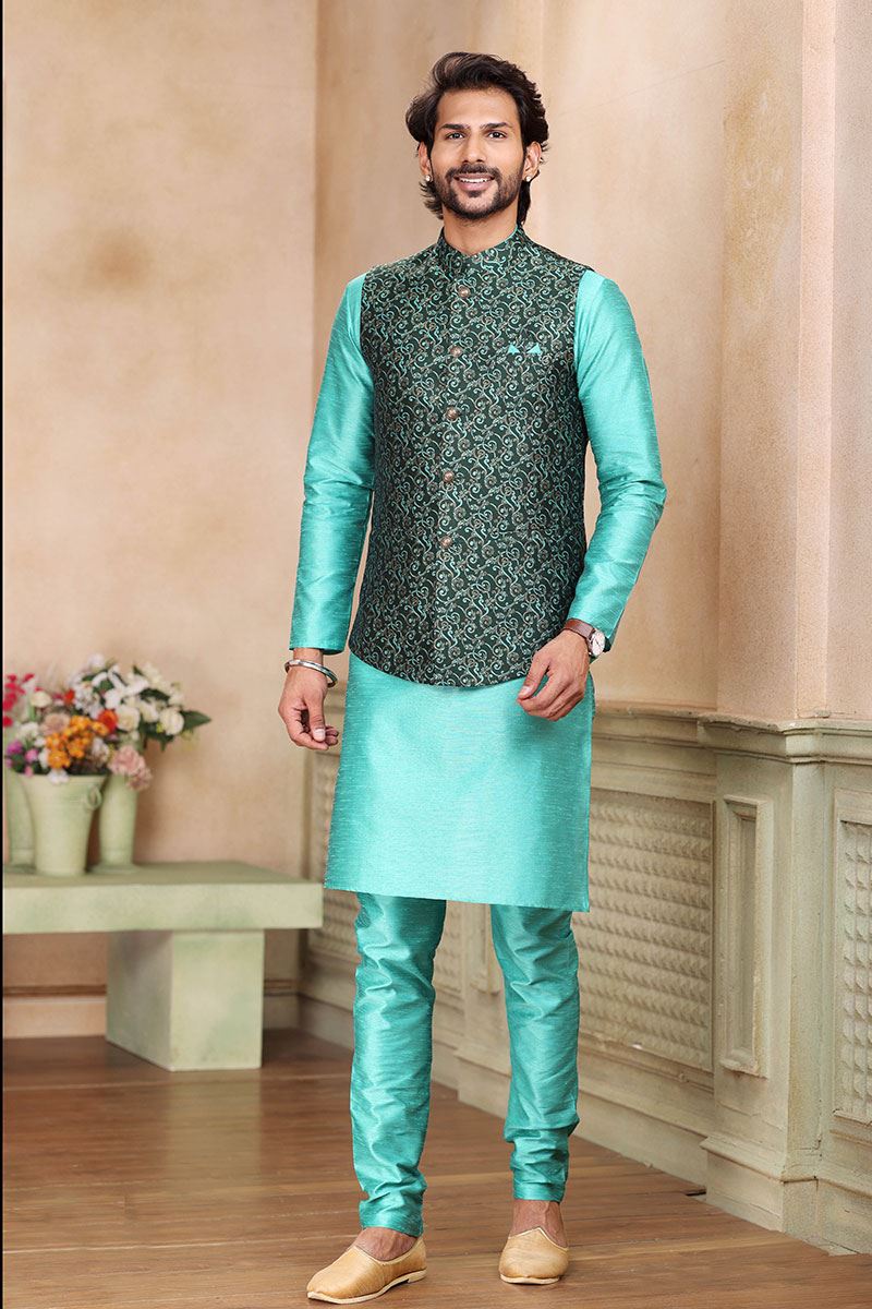 Aesthetic Blue Colored Designer Kurta Payjama with Jacket