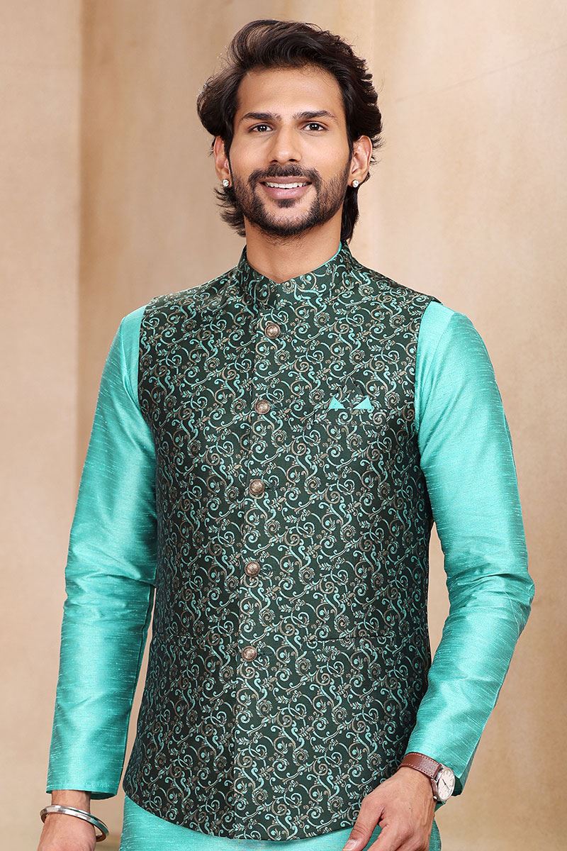 Aesthetic Blue Colored Designer Kurta Payjama with Jacket