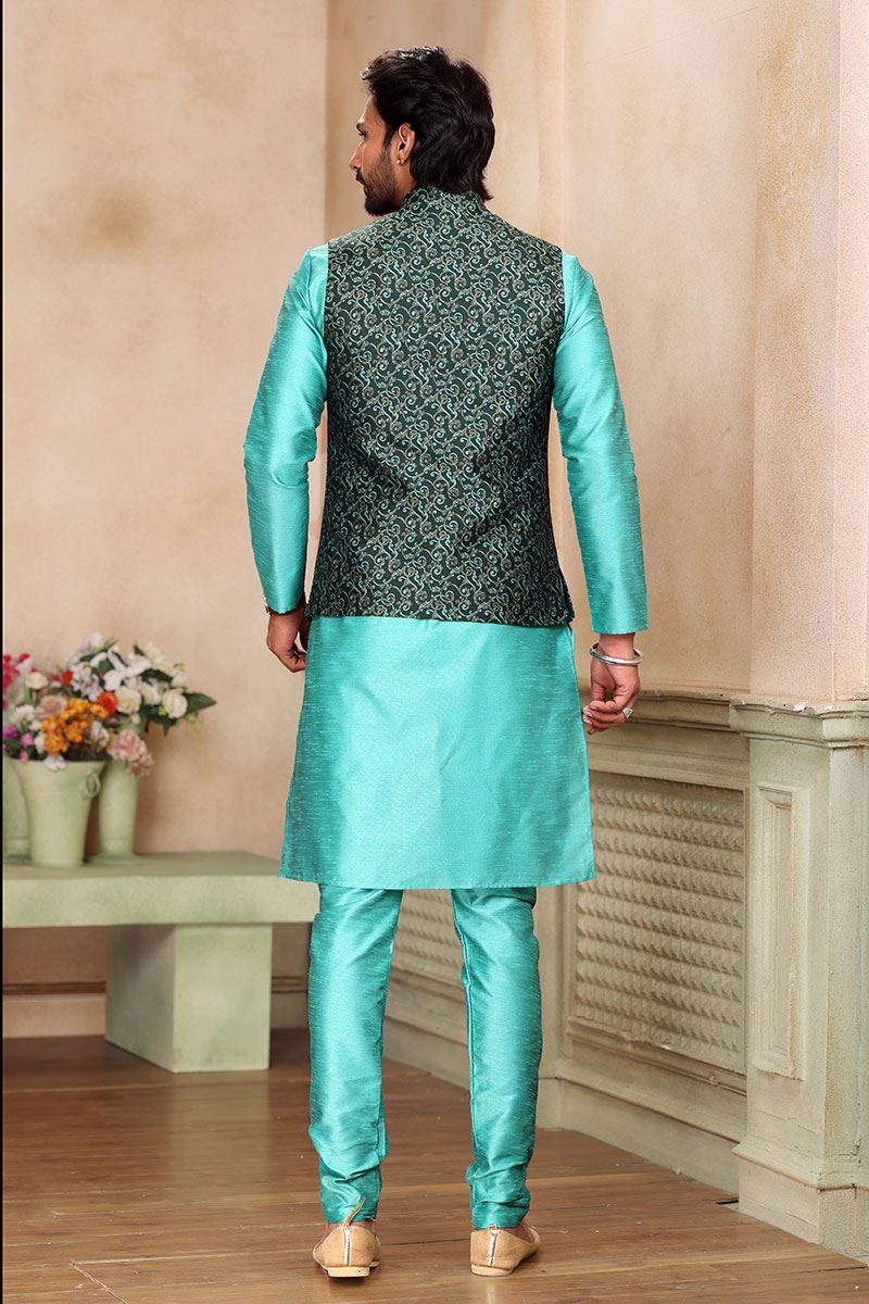Aesthetic Blue Colored Designer Kurta Payjama with Jacket